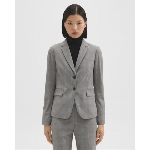 Theory Carissa Women's 8 Slim Tartan Plaid Wool Gray Two Button Blazer - Picture 5 of 15